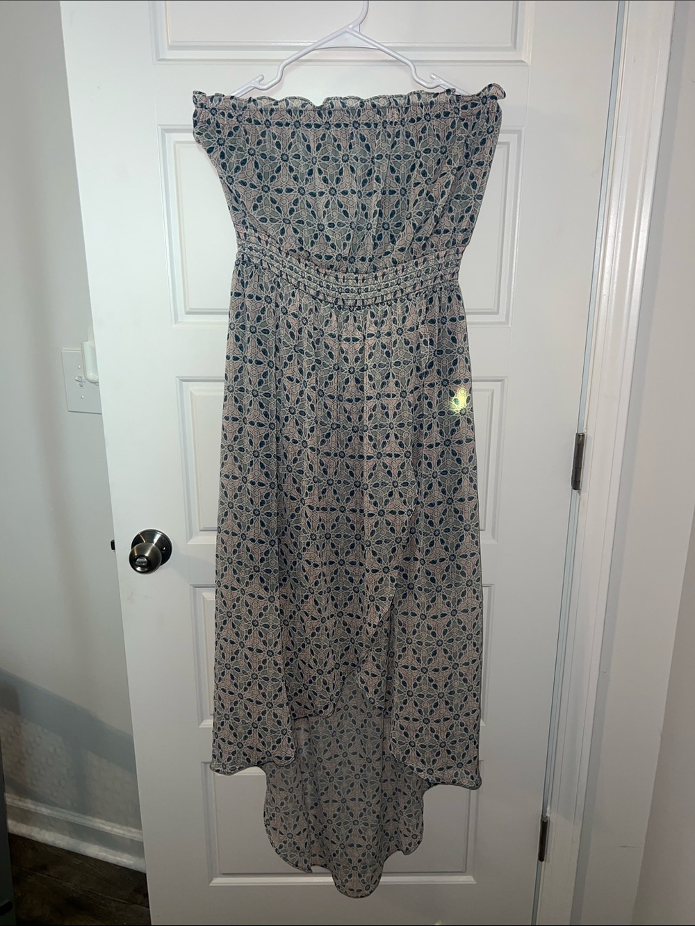 Kohl's Strapless Smocked Maxi Dress in Beige and Navy Print